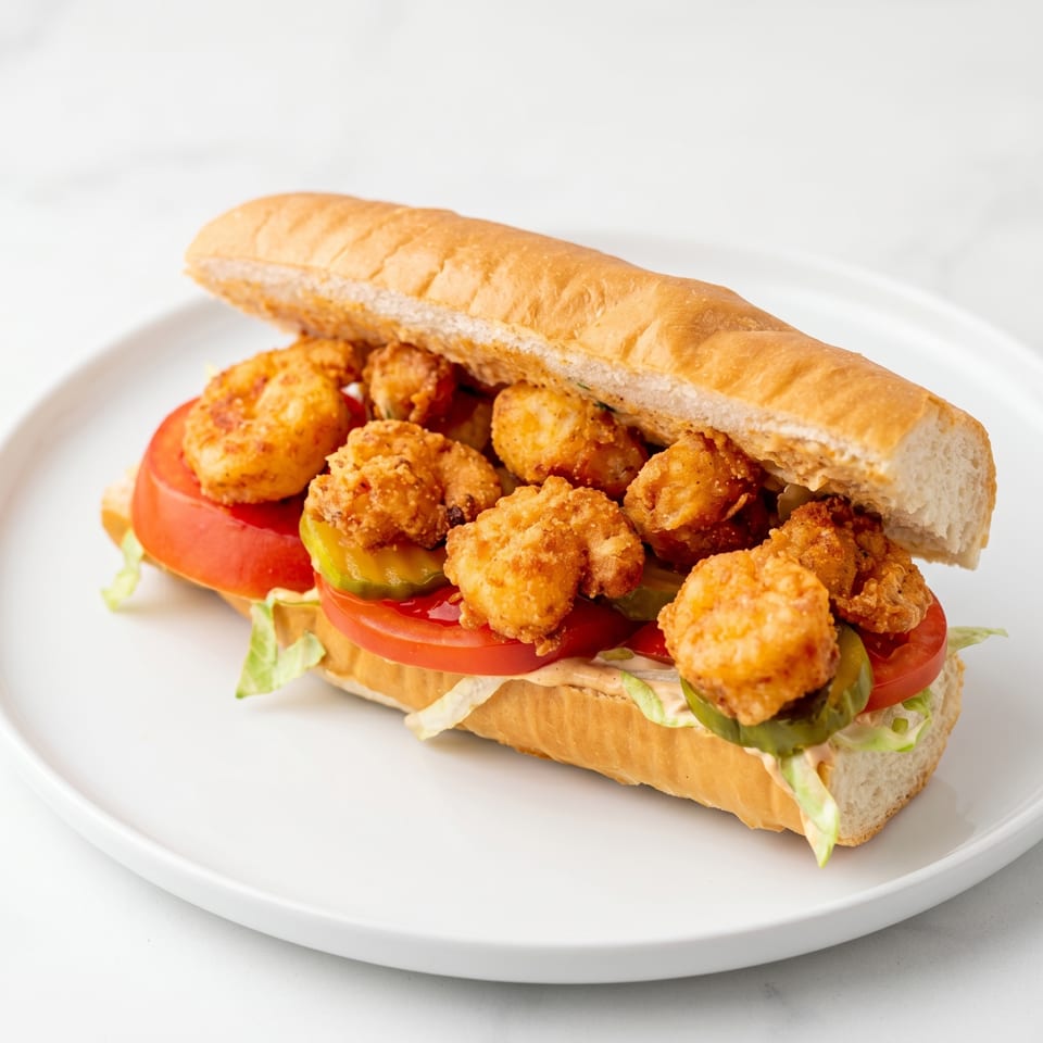 A shrimp po'boy sandwich with fried shrimp, lettuce, tomato, and pickles on a white plate.