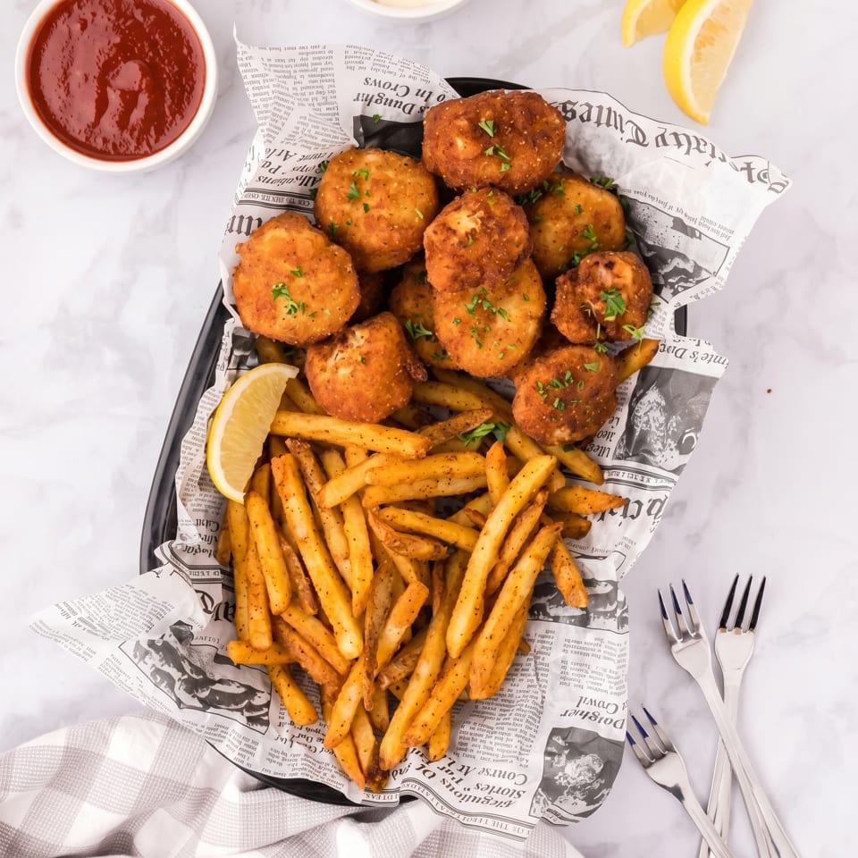 Golden fried shrimp and french fries served in a black basket lined with newspaper, with ketchup.