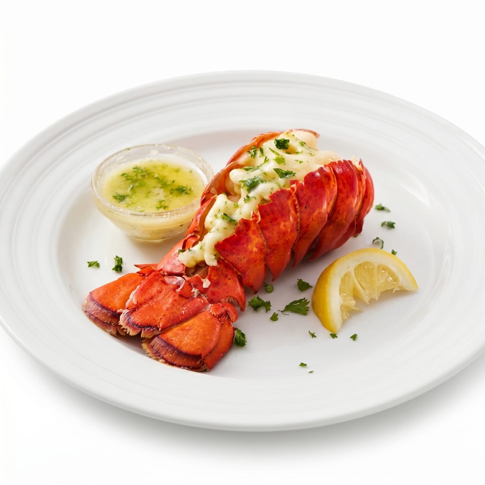 Broiled lobster tail with drawn butter, lemon wedge, and parsley on a white plate.