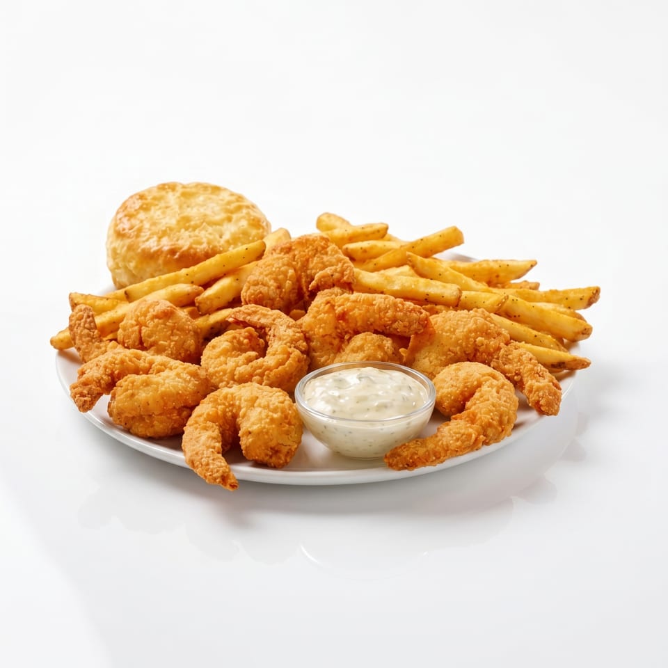 A plate of golden-brown fried shrimp, french fries, a biscuit, and a side of tartar sauce.